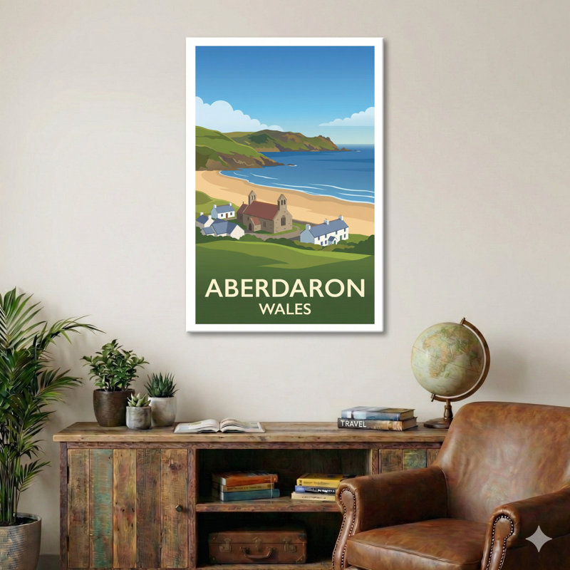 Aberdaron, Wales - Llyn Peninsula Travel Poster: Coastal Village, Sandy Bay And Seaside Romance. Giclee Print On Wrapped Canvas. Wall Art, Home Decor - Cities & Towns, Wales - Wrapped Canvas Print