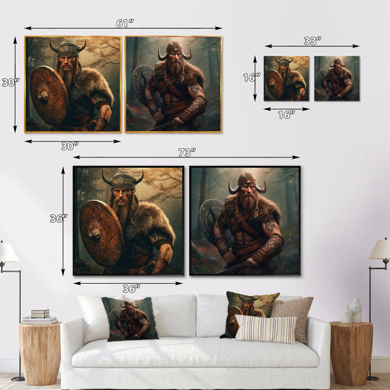Portrait de viking - ensemble de 2 collages carrés pour hommes, H 16 po x l 33 po, Cadre flottant doré