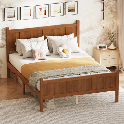 Lit double à panneau plat pleine grandeur avec tête et pied de lit, lit plateforme minimaliste moderne avec finition grain de bois, style Shaker et maison de campagne, mobilier de chambre élégant et fonctionnel, noyer clair