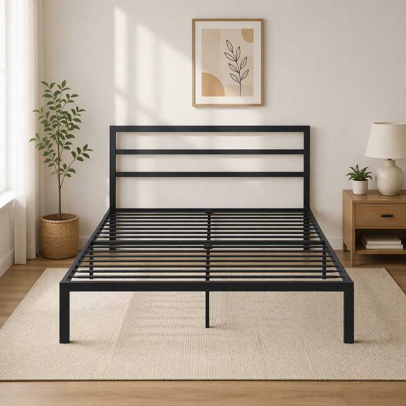 Queen Size Metal Bed Frame with Headboard, Charcoal Grey
