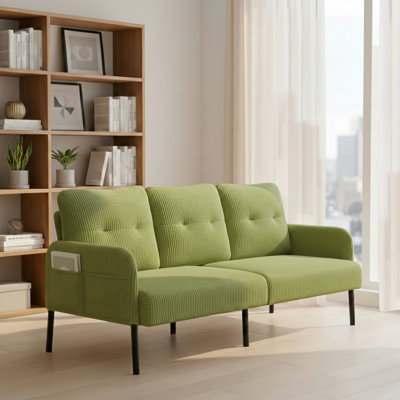Modern soft corduroy sofa with side pockets and minimalist metal legs