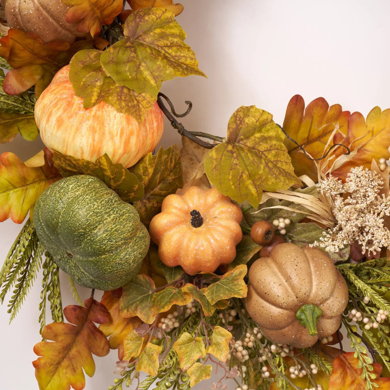 Couronne de porte sauge, orange et brune avec feuille de chêne et herbe de chou frisé