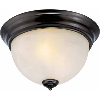 Sawyers 2-Light Indoor 13"W Antique Bronze Simple Round Flush Mount with White Alabaster Glass Bowl Shade