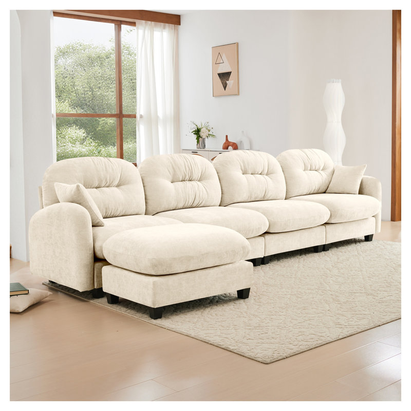 Canapé modulaire en L beige avec repose-pieds modulaire en chenille douce et ergonomique