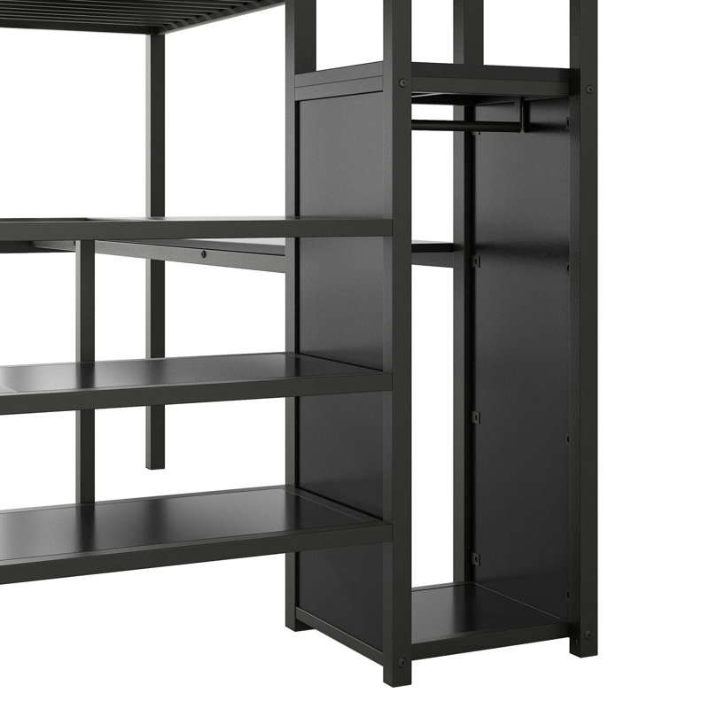 Full-Size Metal Loft Bed with Desk, Storage Staircase, Built-in Wardrobe, and Adjustable LED Lighting