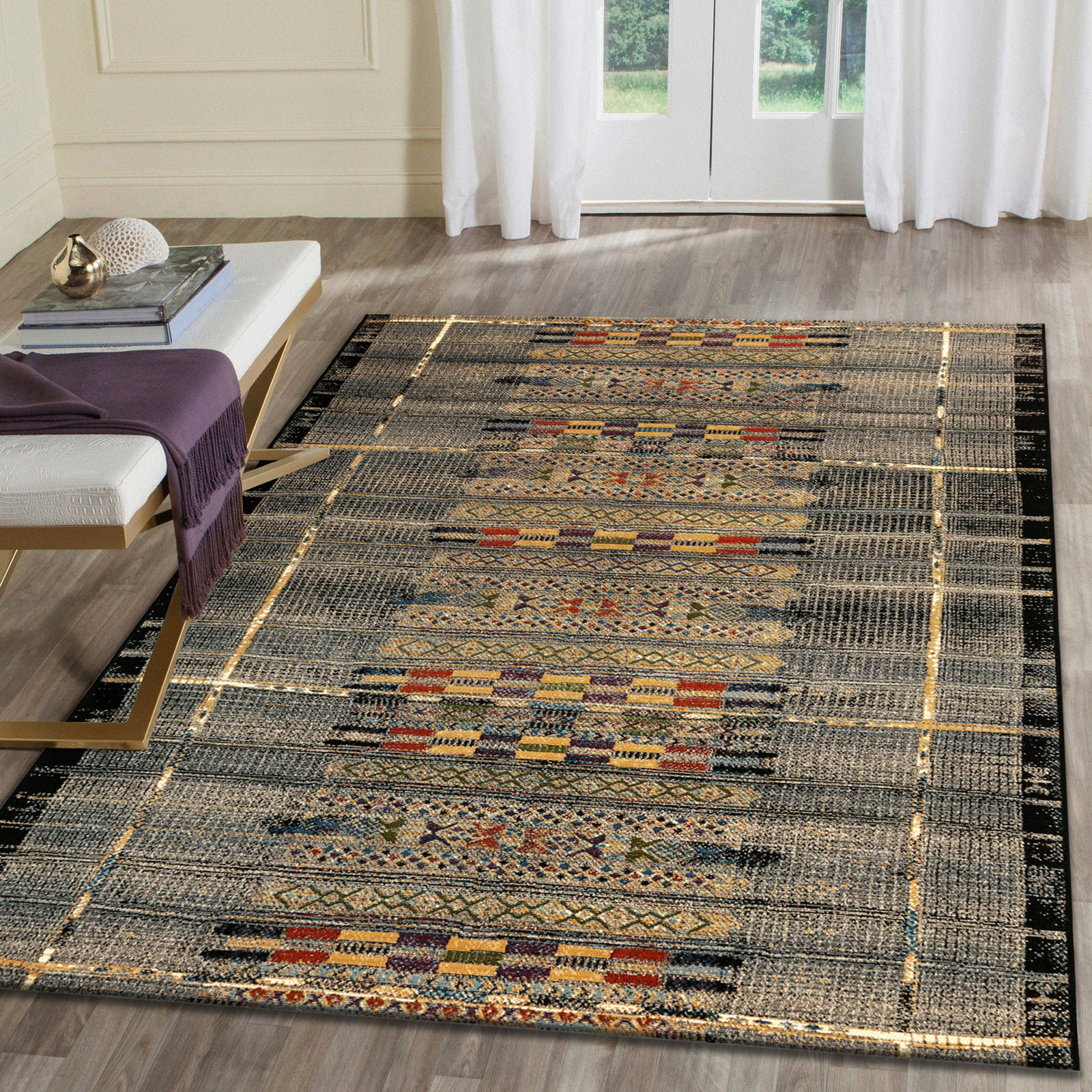 Sesena Black/Gold/Orange/Green/Blue/Ivory/Grey Indoor/Outdoor Rug, Rectangle 6'6" x 9'4"