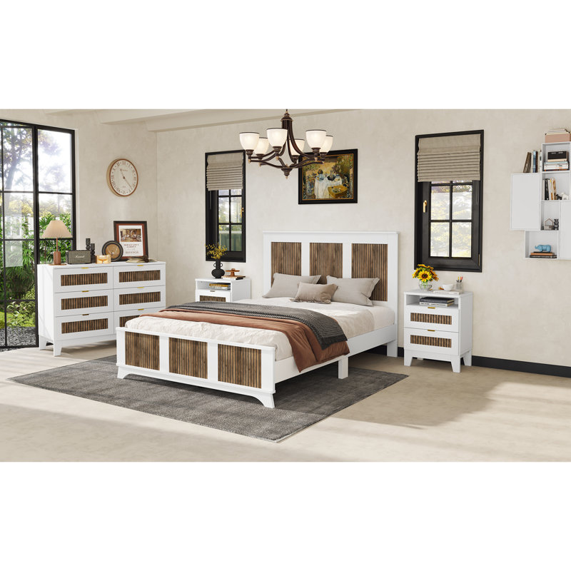 Grand lit plateforme rustique avec lattes en contreplaqué, blanc moderne en blanc, décoration en bandes de bois, support de lattes, capacité de poids de 700 lb, sans sommier