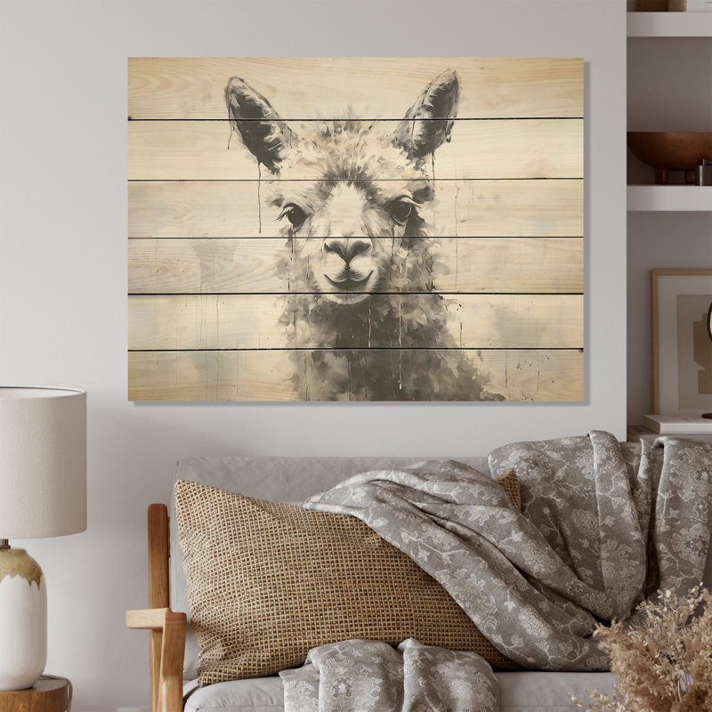 Art mural noir et blanc alpaga noir et blanc sur bois de pin naturel, H 30 po x l 40 po