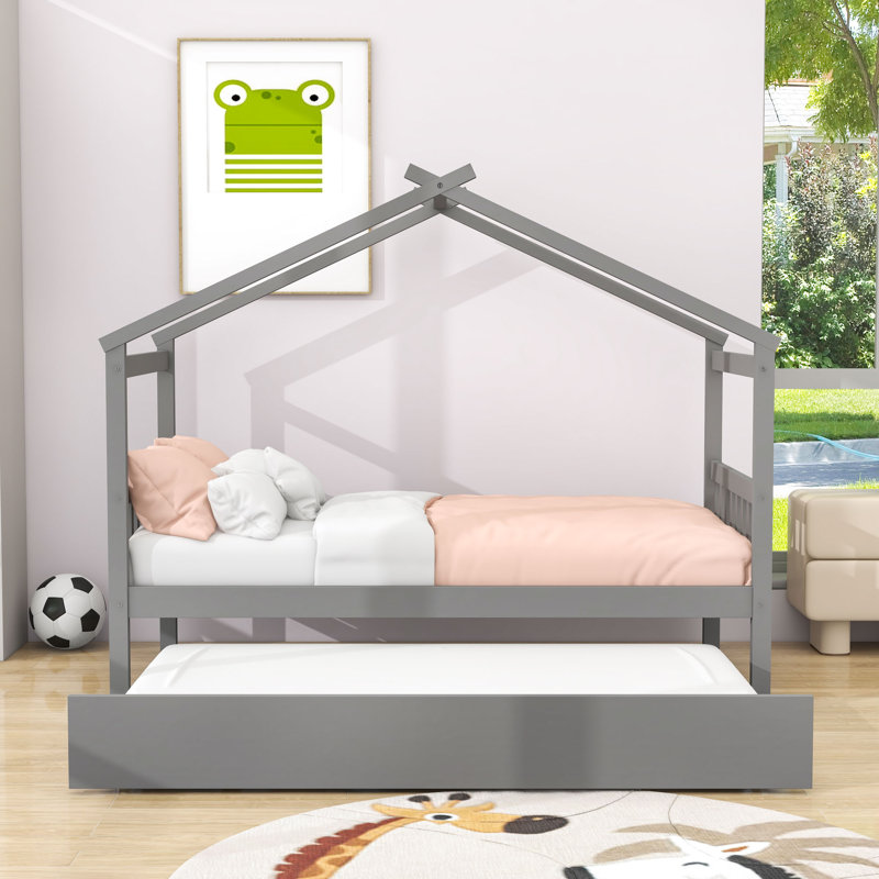 Lit simple en bois avec lit gigogne simple et pieds robustes, Gris, Simple