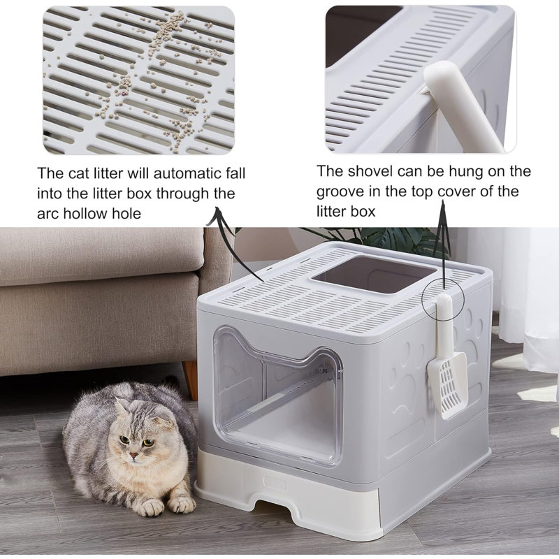 Bac à litière pliable pour chat avec couvercle, grand bac à litière anti-éclaboussures avec pelle à litière, bac à litière pour chat en plastique avec tiroir