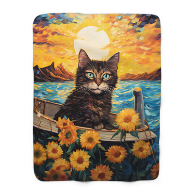 «Whiskered Sunflower Dreamscape» - couverture sherpa de qualité supérieure - reproduction d'art luxueuse
