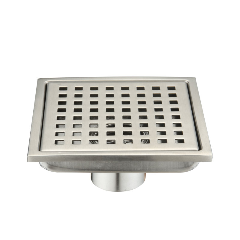 Drain de plancher de douche carré 6 po avec couvercle en acier inoxydable nickel brossé, Nickel brossé