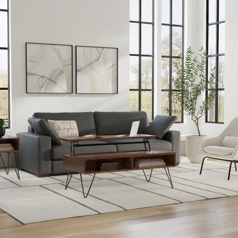 Table basse industrielle à dessus relevable en placage de noyer et métal 48 po Hunter avec 2 casiers de rangement et pieds en épingle à cheveux