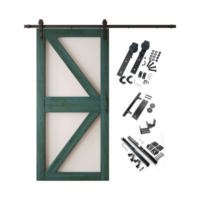 Homacer Royal Pine 50in x 84in Arrow Pattern Glass Design Unassembled & Finished Barn Door with Non-Bypass Installation Hardware Kit, 9ft track, interior use only