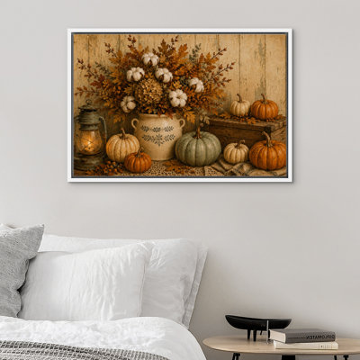 «Rustic Pumpkin Floral Harvest Autumn Still Life Farmhouse Artwork», reproduction d'art encadrée sur toile