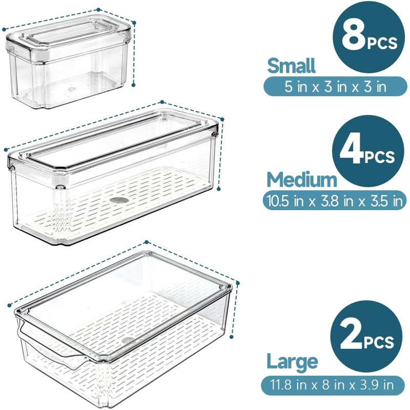 Ensemble de 14 organisateurs et rangement pour réfrigérateur - Bacs de rangement pour réfrigérateur avec couvercles
