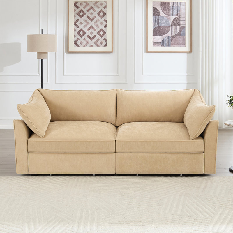 2, chenille blé, coussins enveloppants, tiroirs coulissants, structure unique en forme de croissant, solution de rangement, tissu doux et froissé