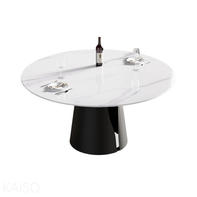 Table de salle à manger 59,05 "en pierre artificielle noire ronde avec base en acier au carbone - pouvant accueillir 6 personnes