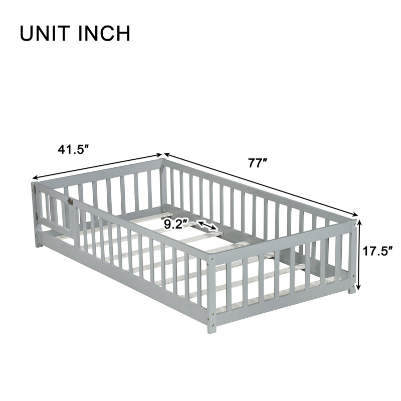 Twin Size Rubber Wood Floor Bed – with Safety Guardrails, Fence & Door, Gray