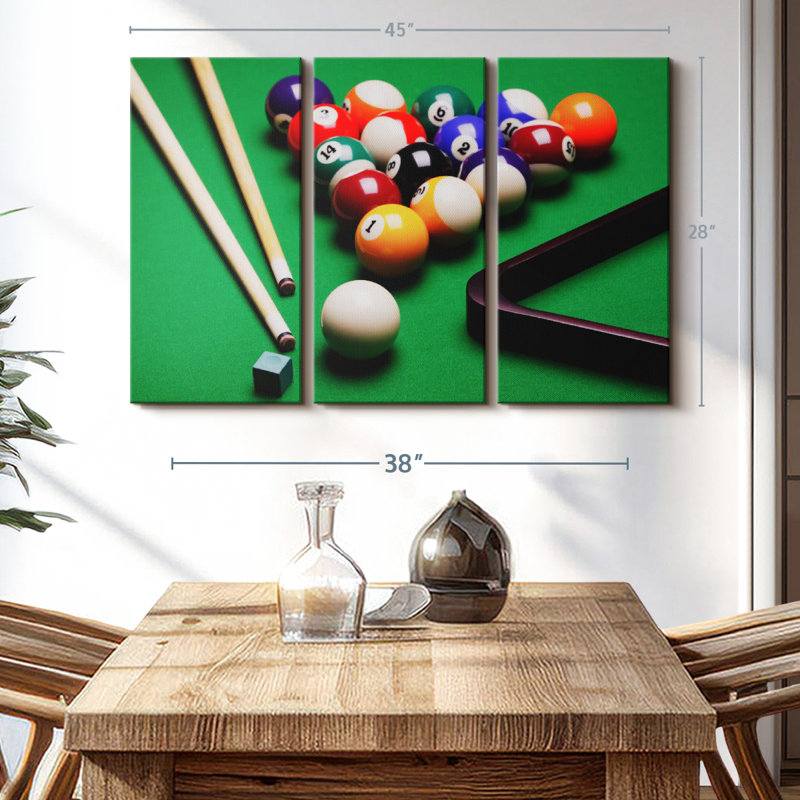 «Game Of Billiards», 3 pièces sur toile, H 28 po x l 45 po x P 1,25 po