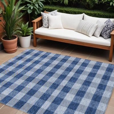 10' X 14' Navy Blue And Ivory Plaid Washable Indoor Outdoor Area Rug