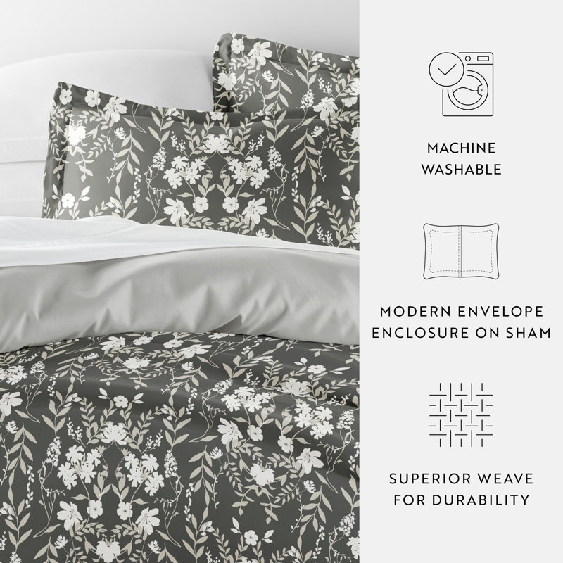 Black Floral Reversible Microfiber Full/Queen Duvet Cover Set