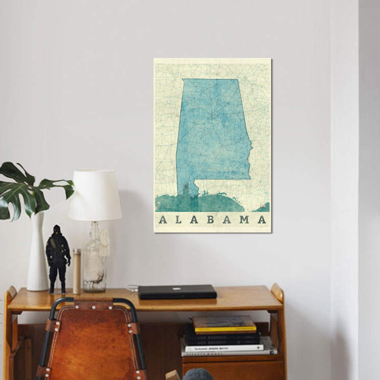 «Alabama Map», impression sur toile, H 12 po x l 8 po x P 0,75 po, Toile tendue, Pas de tapis