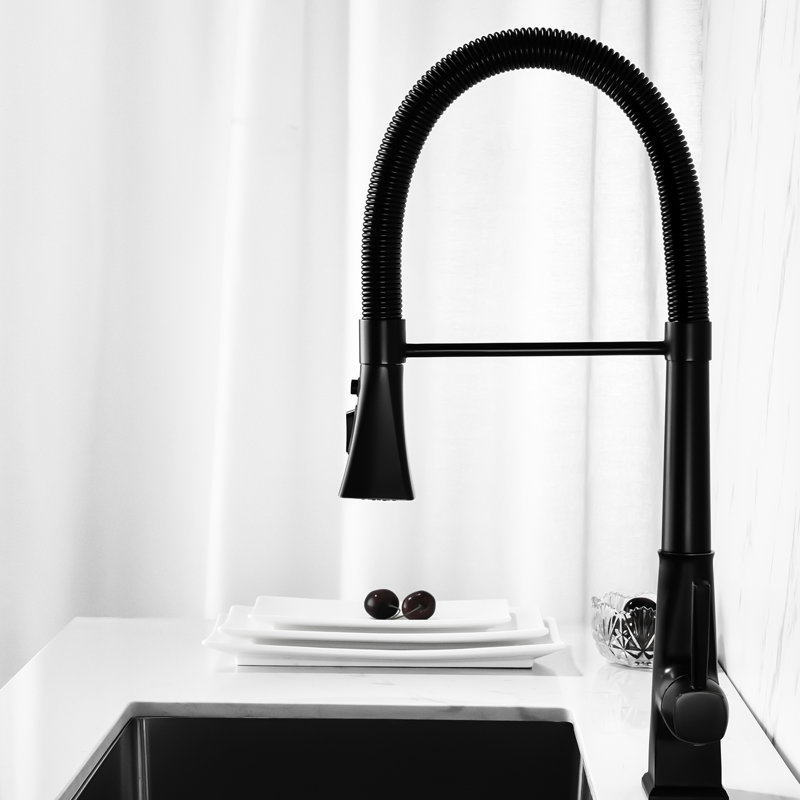 Robinet de cuisine avec douchette rétractable, noir mat, acier inoxydable, bec rotatif à 360 °, deux réglages de débit d'eau, robinet noir rétractable simple à régler la température et le débit, rotatif