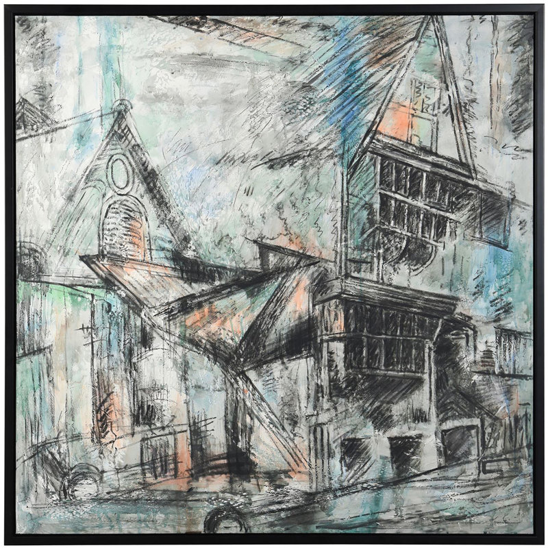 Croquis de rue - peinture à la main sur toile - 42 po x 42 po - cadre noir