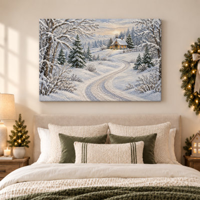 «Snowy Path to Lit Cabin parmi les arbres à feuilles persistantes», art mural sur toile