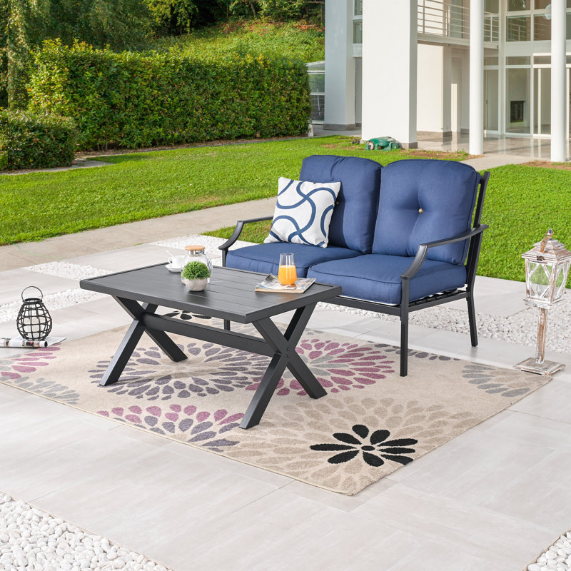 Ensemble de conversation pour causeuse d'extérieur en métal 2 pièces avec coussins bleus et table basse à lattes, Bleu