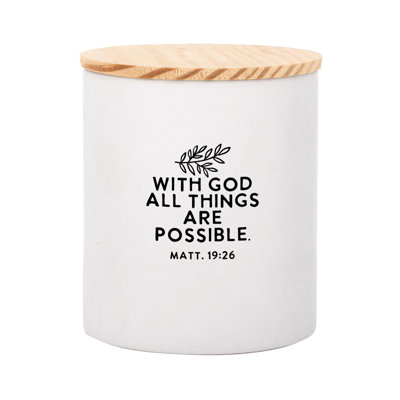 With God All Things Are Possible Ceramic Canister with Lid - Natural Pine Lid - Hold Utensils, Sugar, Tea Bags, Coffee Grounds, Spices, Cotton Balls, Bath Salts or Toiletries