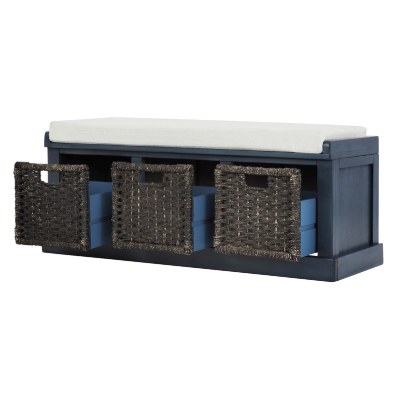 Banc de rangement rustique avec 3 paniers en rotin classiques amovibles, banc d'entrée avec coussin amovible