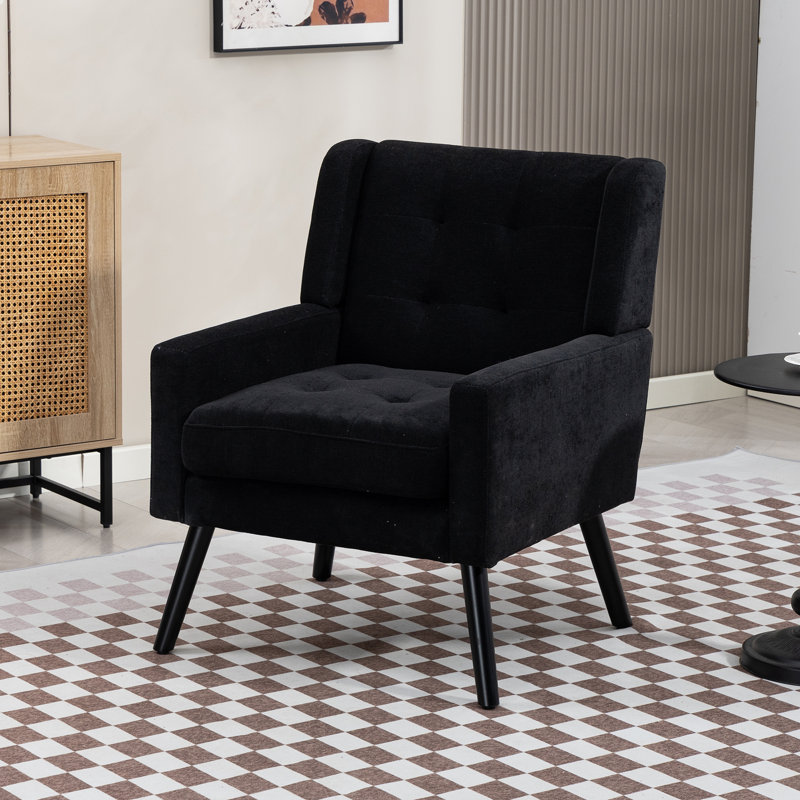 26.77" Mid-Century Modern Accent Chair With Linen Upholstery, Tufted Back And Black Solid Wood Legs(Set Of 2), Black