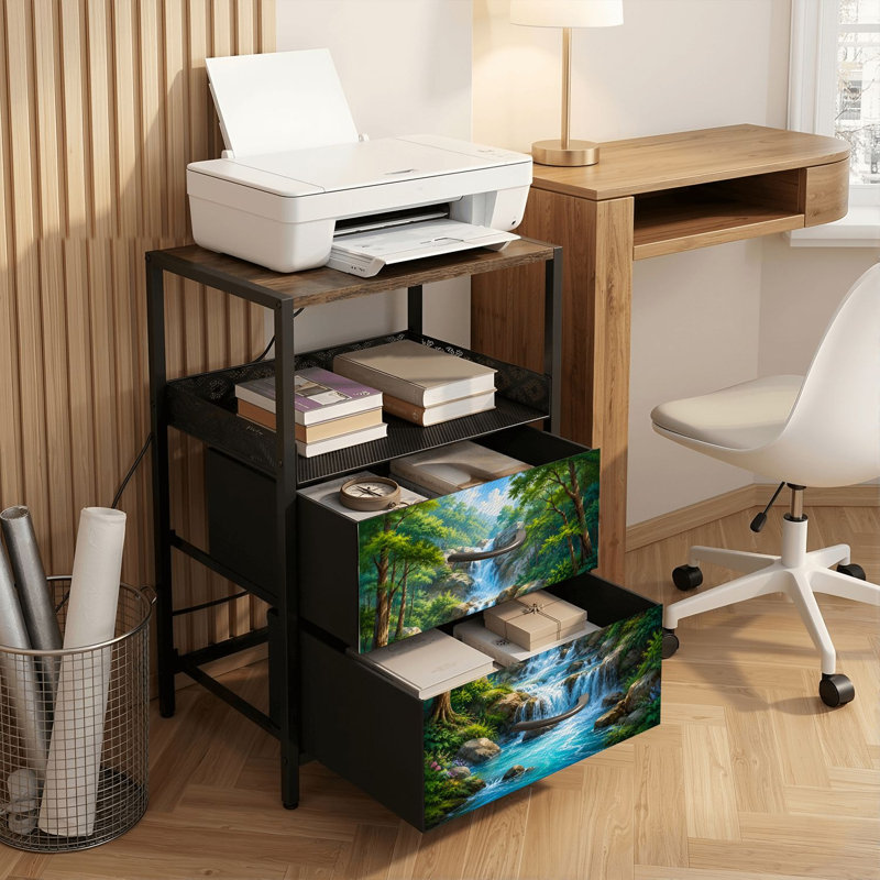 Table de chevet 2 tiroirs avec station de charge, table de chevet avec ports USB et amp; Imprimé de style artistique Outlets
