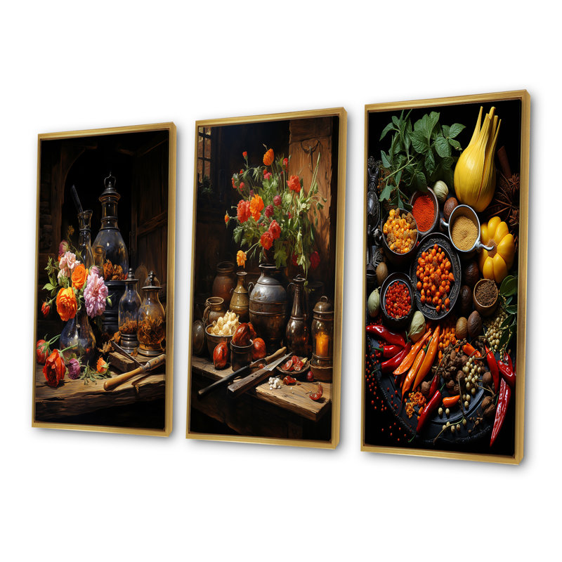 Arômes intenses avec teintes intenses - ensemble de 3 reproductions d'art sur toile épices, Cadre flottant doré