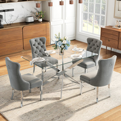 Gottwald 50" Rectangular Glass Dining Table Set of 5, Rectangular Tempered Glass Dining Table with 4 Velvet Upholstered Nailhead Chairs for Small Spaces