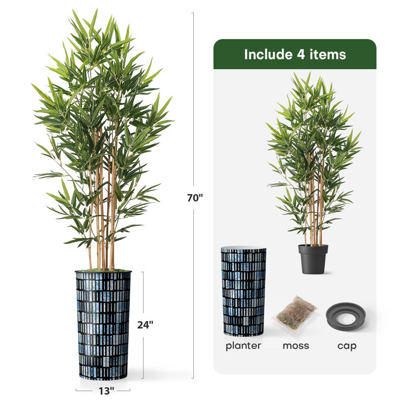 Artificial Tree in Contemporary Blue Stripe Patterned Planter Fake Bamboo Silk Tree, Rectangle Blue