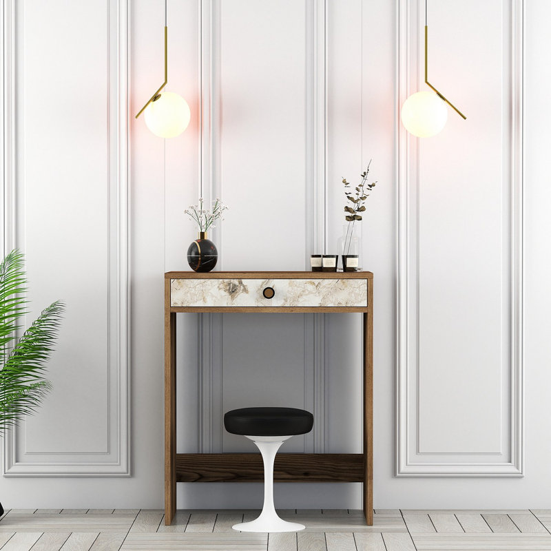 Table à maquillage moderne, noyer et blanc avec finition en marbre, 27,6 po x 15,7 po x 33,4 po | 100% panneau de particules enduit de mélamine, épaisseur: 0,7 pouce | Design élégant pour les espaces de beauté et de coiffeuse, élégant et fonctionnel