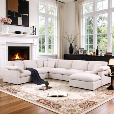 144" Chenille Sectional Corner Sofa 7-Seat Oversized Cloud Modular Deep Seat Couch With Upholstered Removable Ottoman