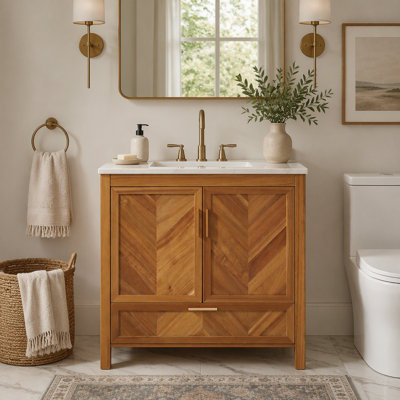 Meuble-lavabo de style champêtre de 76 cm avec lavabo en céramique intégré, armoire en bois d'acacia à chevrons, portes à fermeture amortie et tiroir à extension complète, pieds surélevés