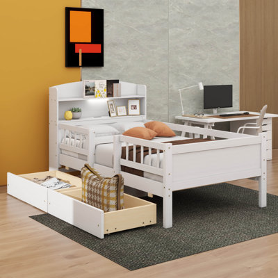 Lit plateforme moderne en bois simple équipé d'un éclairage à DEL, de rails de sécurité polyvalents pour la tête de lit et de deux tiroirs