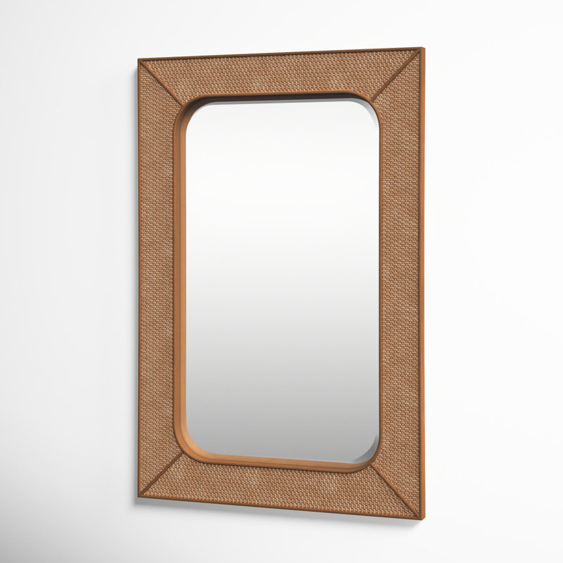 Brown Wood and Rattan Beveled Wall Mirror