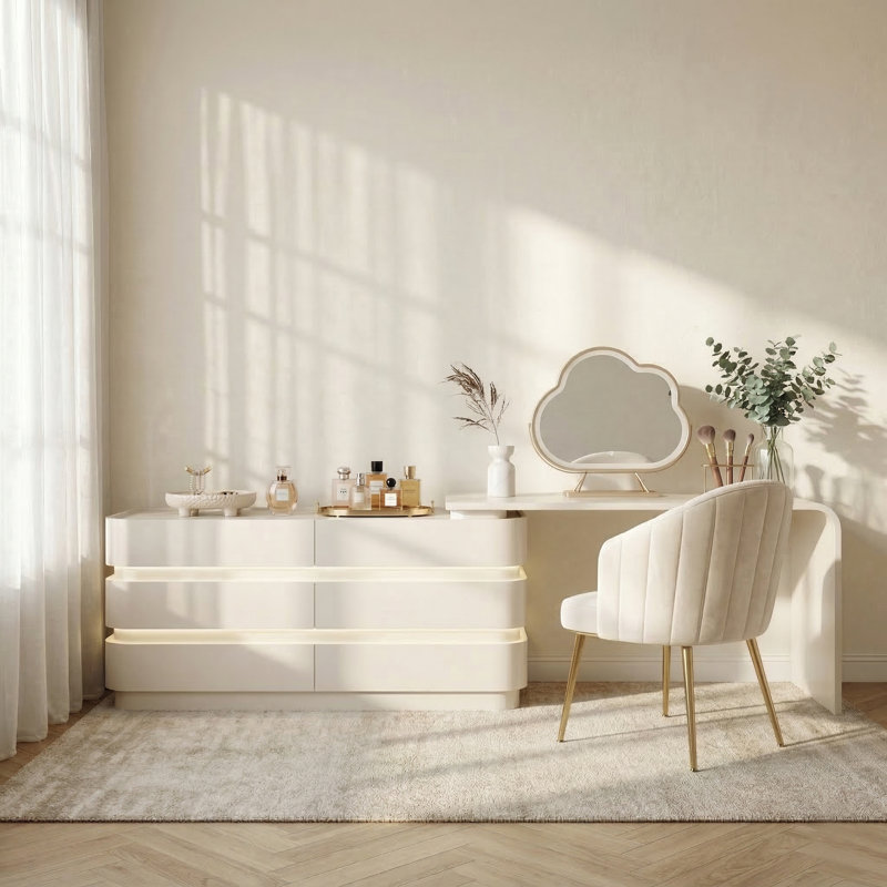 Modern LED Vanity Desk with Large Storage Drawers, Tempered Glass Top Makeup Vanity Extendable45.12''–96'' Makeup Vanities, L-Shape or Straight Layout Dressing Table,No Assembly Needed