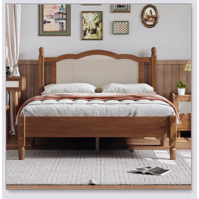 Full Wooden Platform Bed With Natural Rattan Headboard, Vintage Bed Frame