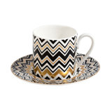 Missoni Coffee Cup & Saucer Zig Zag Gold Luxury Box Set 6 Pcs. Diam. 2.3", H 2.5", Cap. 4 Oz, Saucer Diam. 4.75"