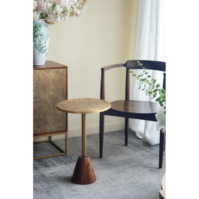 D15X22" Slender Brass Side Table With Textured Gold Top And Wooden Pedestal Base