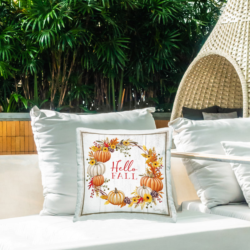 Coussin décoratif d'extérieur rustique «Hello Fall» par Elizabeth Tyndall