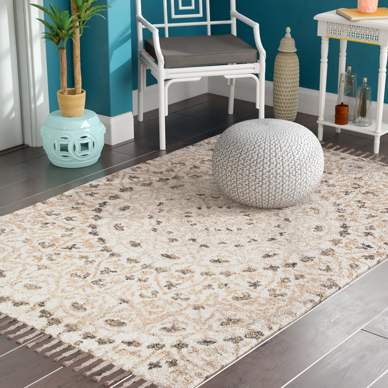 Jahiem Floral Handwoven Wool Area Rug in Ivory/Taupe, Rectangle 10' x 14'