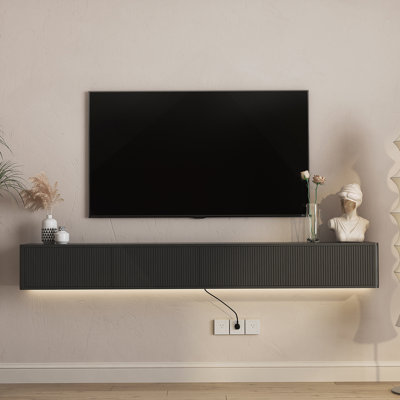 Meuble télé flottant, meuble télé mural avec lumières DEL et prise de courant, meuble télé ultrabrillant pour meuble télé pour salon